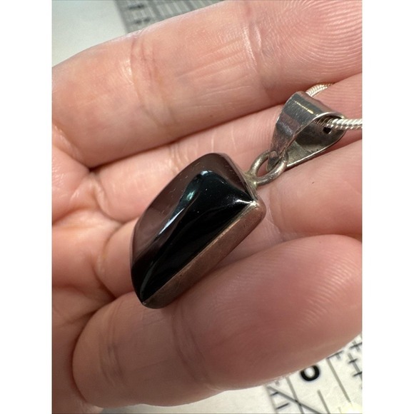 VTG Sterling Silver Black Onyx Pendant W SS Snake Chain Necklace 18